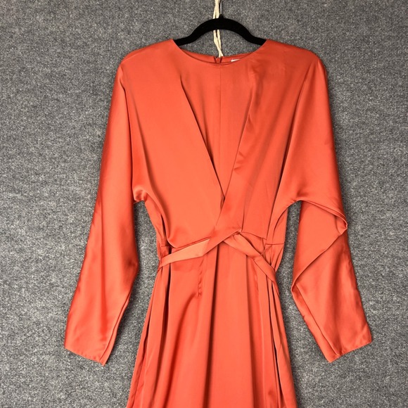 NEW ASOS Coral Orange Satin Maxi Dress Long Sleeve Tie Waist Elegant Formal‎ 10 - Picture 4 of 12